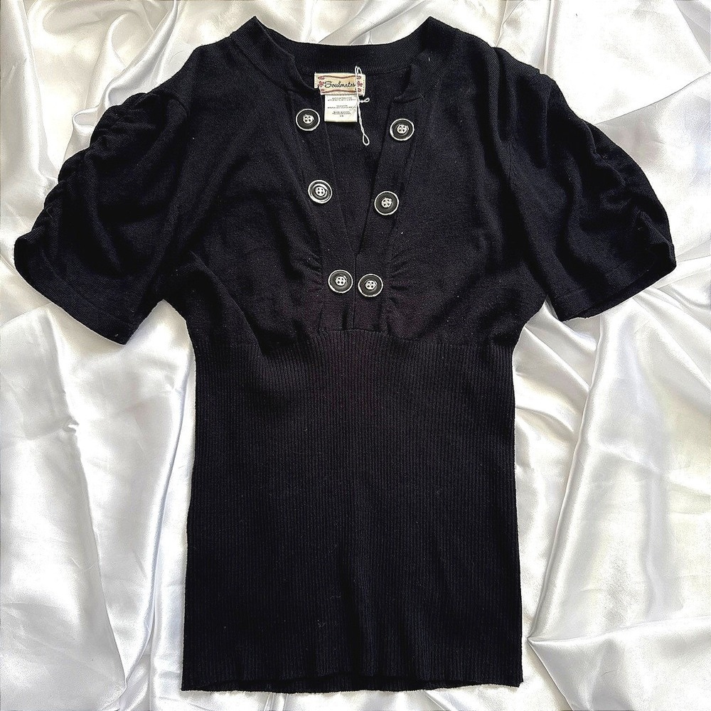 Soulmates Black Ribbed Knit Puff Sleeve V-Neck Button Top L/G